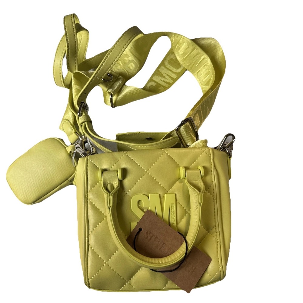 Steve Madden Quilted Neon Yellow Mini Tote Bag with Pouch and Strap‎